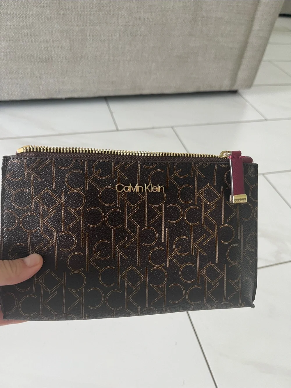 Calvin Klein Brown Logo Wristlet Clutch with Burgundy Strap